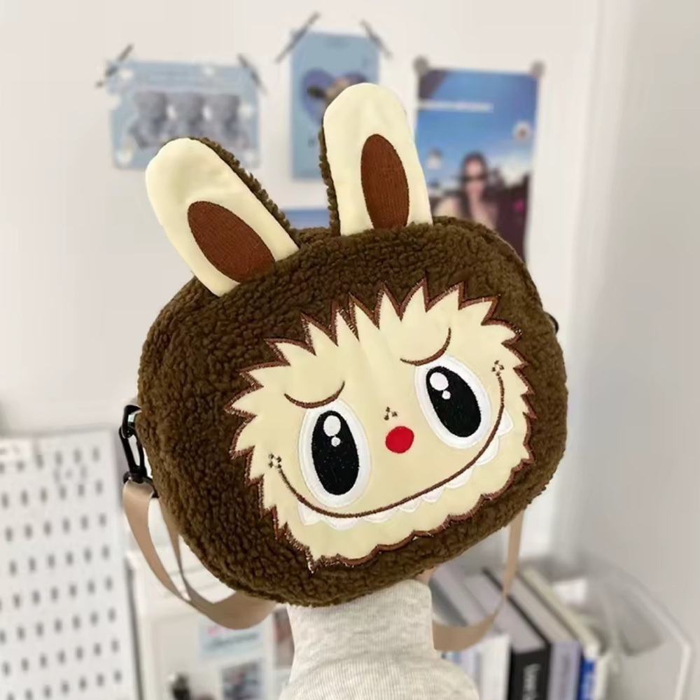 Labubu Inspired Brown Zimomo Theme Fuzzy Crossbody Handbag Purse Character